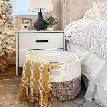 INDRESSME XXXLarge Blanket Basket for Living Room 21.7" x 21.7" x 13.8"-Storage Basket with Handle for Organizing Toy Pillows Woven Cotton Rope Laundry Basket Stuffed Animal Toy Storage for Play Room