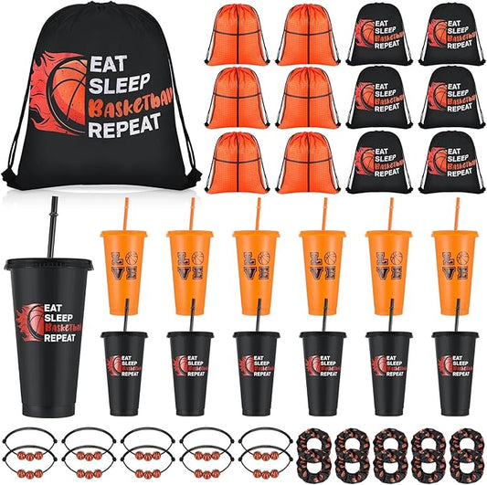 Yungyan 48 Pcs Basketball Party Favors Set Basketball Goodie Bags 24oz Basketball Cups with Lids Sport Drawstring Bags Basketball Hair Ties Bracelets for Team Gifts Basketball Party Supplies
