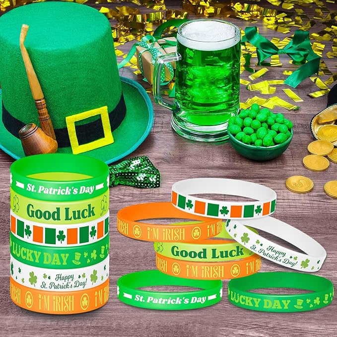 NEBURORA 48 Pcs St. Patrick's Day Silicone Bracelets Green Lucky Shamrock Rubber Wristbands for St Patricks Day Accessories Party Decoration Favors