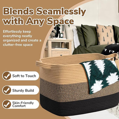 Goodpick 105L Extra Large Blanket Basket 25" x 16" x 16" Cotton Rope Storage Baskets for Organizing, Wicker Laundry Basket with Handles, Rectangle Woven Baskets for Storage, Black & Jute