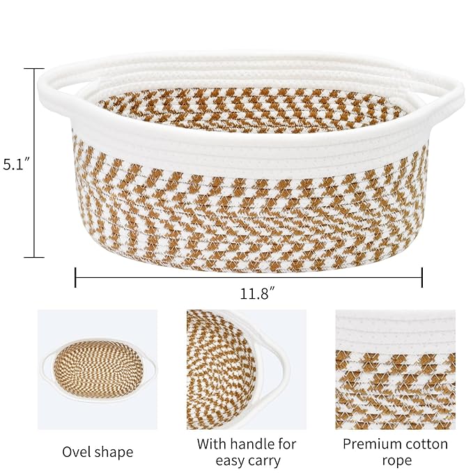 ABenkle Small Basket, 12"x 8" x 5" Cute Small Woven Basket, Rope Room Shelf Storage Basket, Cat Dog Toys Basket Chest Box, Decorative Empty Gift Basket with Handles