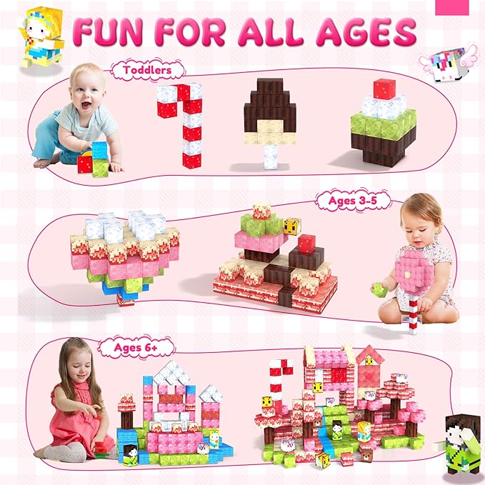Feoxialy Magnetic Blocks for Kids Ages 3-5,54pcs Candy Magnetic Building Blocks Pink Magnet Cubes Sensory Creative Learning Toys Gifts for Toddlers Ages 4-8 5 6 7+Year Old Girls Birthday Christmas
