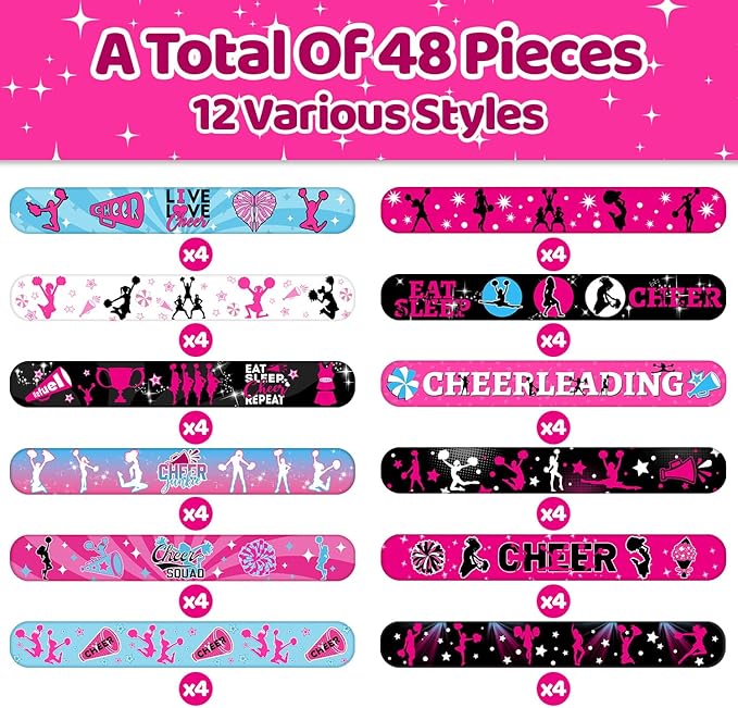 48PCS Cheerleading Slap Bracelets Sport Decor and Party Favors, Perfect for Cheerleading Birthday Decorations and Goodie Bags for Girls and Women