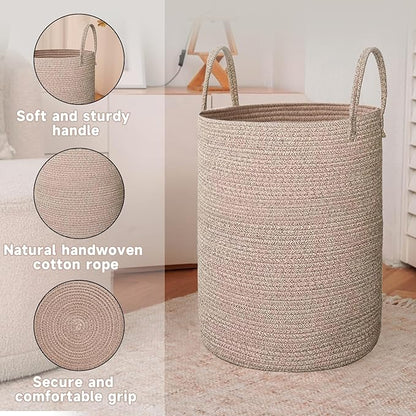 JMvicyroam Large Woven Laundry Basket Hamper,80L Cotton Rope Storage Bin for Blankets,Toys and Clothes,Decorative Tall Nursery Hamper for Living Room,Baby Nursery,Bathroom and Bedroom,Oatmeal