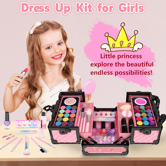 Hollyhi 59Pcs Kids Makeup Kit for Girl, Washable Play Makeup Toys Set for Dress Up, Beauty Vanity Set with Cosmetic Case Birthday Toys for Girls 3 4 5 6 7 8 9 10 11 12 Year Old Kids Toddlers ( Pink )