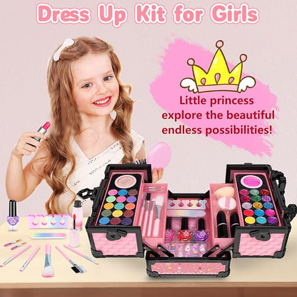 Hollyhi 59Pcs Kids Makeup Kit for Girl, Washable Play Makeup Toys Set for Dress Up, Beauty Vanity Set with Cosmetic Case Birthday Toys for Girls 3 4 5 6 7 8 9 10 11 12 Year Old Kids Toddlers ( Pink )