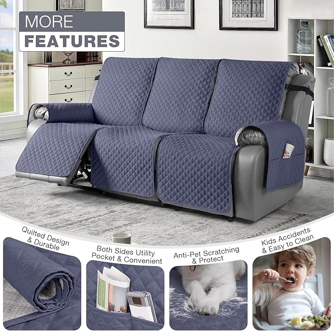 TAOCOCO Recliner Sofa Slipcover Couch Covers for 3 Cushion Couch, Pet Sofa Cover for 3 Seat Recliner Sofa, Washable Reclining Sofa Cover Furniture Protector with Elastic Straps(3 Seater, Bluish Grey)