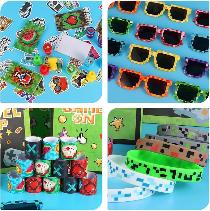 LiYiQ 122 Pcs Video Game Party Favors With Video Game Sunglasses Slap Bracelets Notebook Stamps Stickers and Gift Bag for Video Game Gamer Birthday Party Supplies