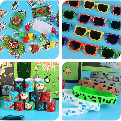 LiYiQ 122 Pcs Video Game Party Favors With Video Game Sunglasses Slap Bracelets Notebook Stamps Stickers and Gift Bag for Video Game Gamer Birthday Party Supplies