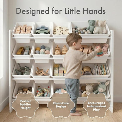 Humble Crew Toy Storage Organizer with 16 Removable Storage Bins for Kids Playroom, 4-Tier Toddler Toy Organization and Storage, White/White