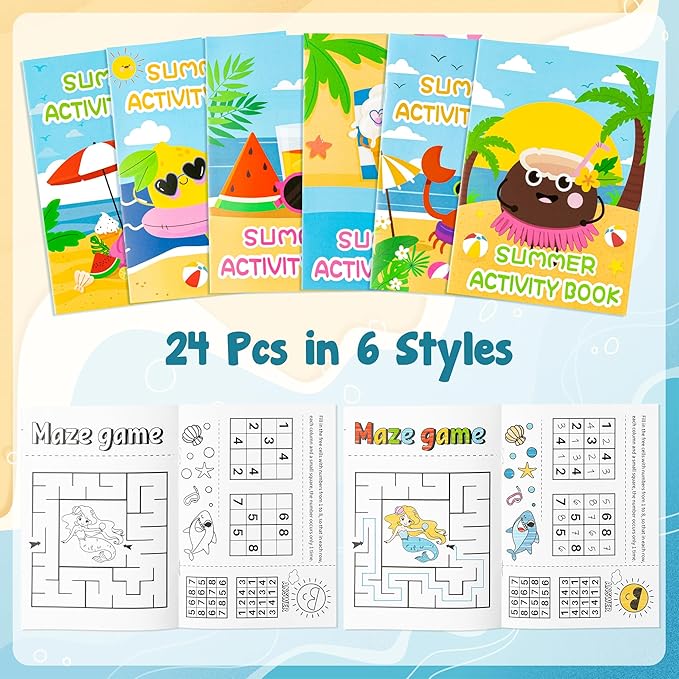 BZaber Summer Beach Coloring Books - 24Pcs Summer Game DIY Art Drawing Book Bulk Including Lemon Coconut Crab Flamingo Beach Pool Summer Patterns for Summer Holiday Classroom Rewards Goodie Bag Filler