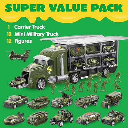 JOYIN 25 in 1 Military Kids Truck Toys for Age 3+, Toddler Boy Toys, Army Men Tanks Set with Soldier Men, Mini Battle Cars in Carrier Truck with Lights and Sounds, Gifts for Grandkids, Easter Basket