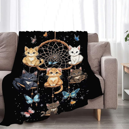 Cute Cat Throw Blanket Dream Catcher Cartoon Cat Gifts for Kids Girls Adults Women Soft Cozy Warm Plush Fluffy Fuzzy Fleece Blanket Birthday Festival Home Decor 40''X50''