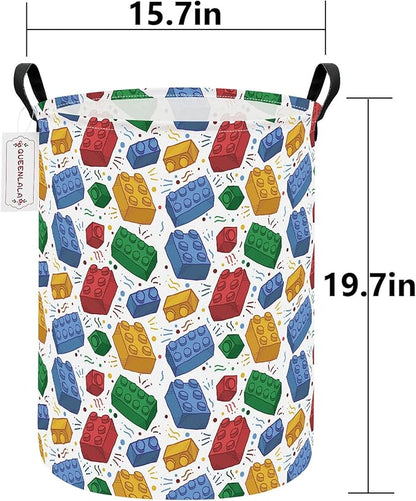 QUEENLALA Large Storage Basket,Laundry Hamper/Bathroom/Home Decor/Collapsible Round Storage Bin,Boys and Girls Hamper/Boxes/Clothing(Round-Blocks)