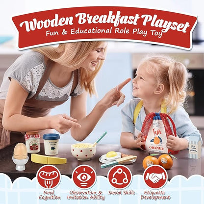 Lehoo Castle Play Food Sets for Kids Kitchen, Wooden Toys Play Kitchen Accessories, Fake Food Pretend Play for Toddlers 3-5, Realistic Food Playset Cutting Fruit Bread Egg Bag, 3 Year Old Girl Gift