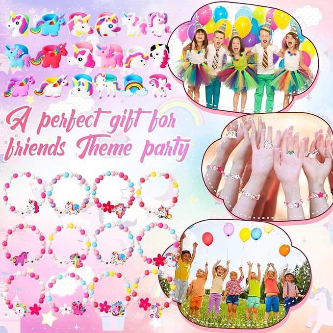 Tondiamo 48 Pcs Unicorn Ring Bracelet Set Include 12 Pcs Wooden Beaded Girls Unicorn Bracelets and 36 Pcs Silicone Unicorn Toy Rings Cute Girls Gifts for Unicorns Party Favors Birthday Goodies Bag