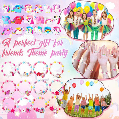 Tondiamo 48 Pcs Unicorn Ring Bracelet Set Include 12 Pcs Wooden Beaded Girls Unicorn Bracelets and 36 Pcs Silicone Unicorn Toy Rings Cute Girls Gifts for Unicorns Party Favors Birthday Goodies Bag