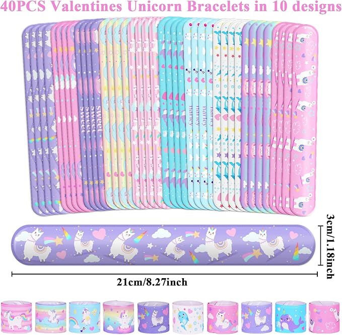 40Pack Valentines Day Greeting Cards and Bracelets for Kids Unicorn Valentines Day Gifts with Wristband Unicorn Cards for Valentines Day Party Decorations Supplies School Classroom Exchange Gift Set