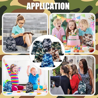 36 Pcs Tie Dye Camouflage Party Kit Camo Drawstring Bag Bulk Camouflage Military Rubber Keychain Silicone Camo Bracelet for Adult Kid Travel Paintball Camping Birthday Party Supplies (Classic Camo)