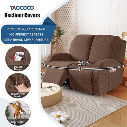 TAOCOCO Recliner Loveseat Cover, Stretch Jacquard Reclining Loveseat Cover Furniture Protector Sofa Slipcovers 2 Seat Recliner Covers with Elastic Bottom for Kids, Pets(Brown)