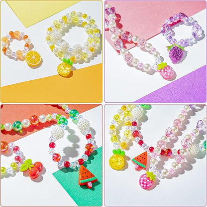 OSNIE Summer Fruit DIY Bead Jewelry Making Kit for Kids Girls Watermelon Strawberry Orange Pineapple Cherry Grape Apple Peach Avocado Charms Beads for Bracelets Rings Necklaces Beading Kits 400Pcs+