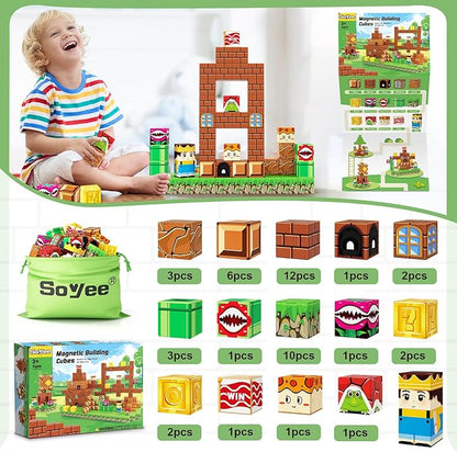 Magnetic Blocks Building Toys - Build Mine Magnet World Set Toddler Kids Sensory Toys for Boys & Girls Ages 3-5 5-7 8-12, 1'' Magnetic Cubes Game Easter Basket Stuffers for Boys
