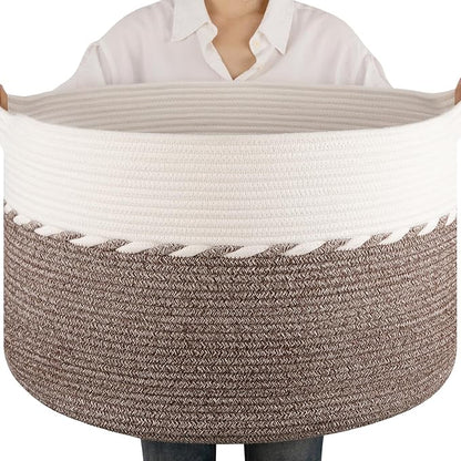 OIAHOMY 90L Blanket Basket for Living Room, Large Basket 23" x 23" x 13" with Handle, Laundry Hamper for Blankets, Pillows, Toy Storage for Kids, Dogs - Brown & White
