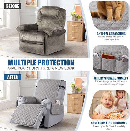 TAOCOCO 100% Waterproof Recliner Covers, Recliner Sofa Covers with Leg Straps, Reversible Recliner Couch Cover for Reclining Chair, Washable Couch Protector for Pets Kids(1 Seater 22", Light Gray)