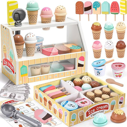 Toyssa Wooden Ice Cream Toys Kids Pretend Play Store Toys for Toddlers Girls 3 4 5 6, Wooden Food Christmas Birthday Gifts Play Kitchen Accessories for 2 3 4 5 Year Old Girls Boys