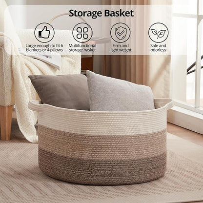 OIAHOMY 105L Blanket Basket for Living Room, Large Basket 23.6" x 23.6" x 14.6" with Handle, Laundry Hamper for Blankets, Pillows, Toy Storage for Kids, Dogs - Gradient Brown