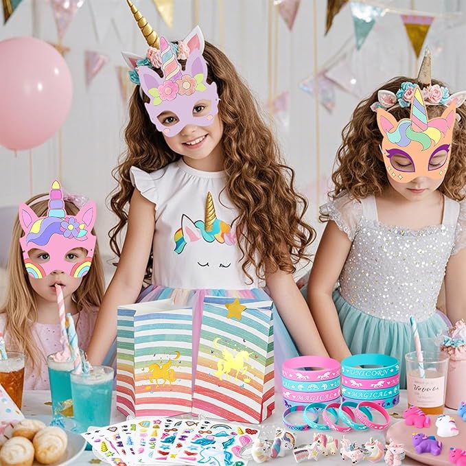 96PCS Unicorn Party Favors for Kids Coloring Masks DIY Craft Fufu Stress Toys Watercolor Pen Rings Stickers Bracelets Gifts Goodie Bags Pinata Fillers Stuffers Girls Unicorn Birthday Party Supplies
