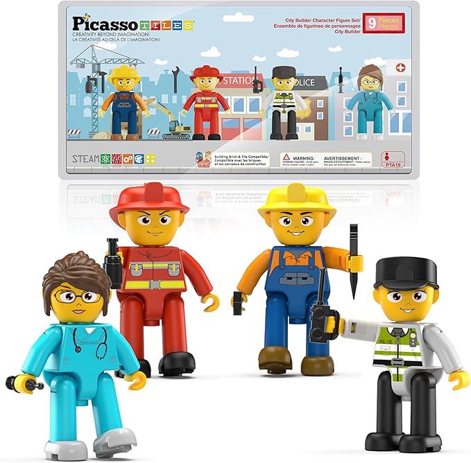 Picasso Toys Magnetic Action Figures 4 Piece City Builder Character for Magnet Building Block Tiles Expansion Pack Construction Toddler Toy Educational STEM Learning Pretend Playset Age 3 and up PTA18