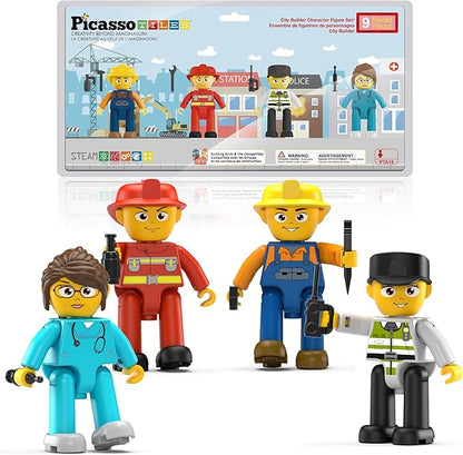 Picasso Toys Magnetic Action Figures 4 Piece City Builder Character for Magnet Building Block Tiles Expansion Pack Construction Toddler Toy Educational STEM Learning Pretend Playset Age 3 and up PTA18