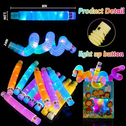6 PCS Light Up Pop Tubes Toys Gifts for Kids ,Christmas Glow Sticks Party Favors Stocking Stuffers,LED Bracelets Necklaces Accessories for Children,Travel Camp Camping Fun for Kids