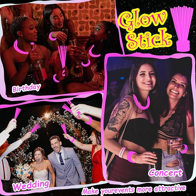 100 pk 8" Pink Glow Sticks Bulk Party Favors, Light up Glow Necklaces & Bracelets in the Dark Party Supplies For Christmas Valentine Halloween Birthday Neon Party (100 * Pink)