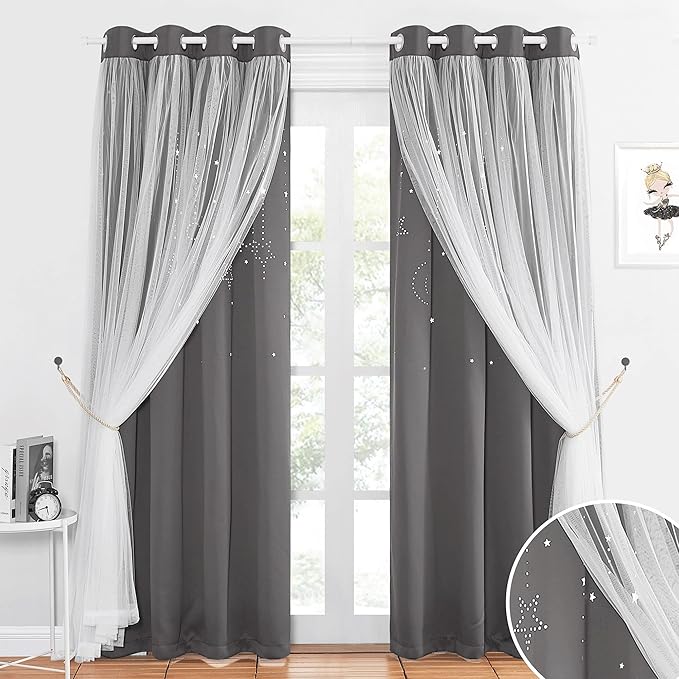 NICETOWN Moon Star Hollow-Out Curtains for Nursery Gift, Double Layer Blackout Grommets Window Curtains Sheer for Living Room/Girls Bedroom, 2 Panels in 52 x 84 inches, Grey