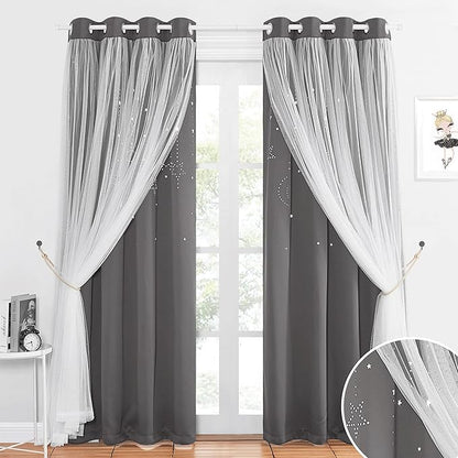 NICETOWN Moon Star Hollow-Out Curtains for Nursery Gift, Double Layer Blackout Grommets Window Curtains Sheer for Living Room/Girls Bedroom, 2 Panels in 52 x 84 inches, Grey