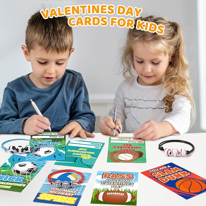 Valentines Day Cards for Kids, 24 Pack Adjustable Sports Charm Bracelets with Valentines Day Cards for Valentine School Party Favors for Kids Boys Girls, Kids Exchange Valentines Day Gifts