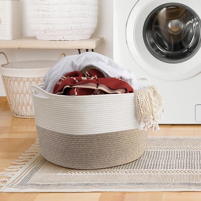 Throw Blanket Basket for Living Room, Extra Large Cotton Rope Basket for Storage, Woven Laundry Towel Hamper with Handles, Baby Toy Storage, 22" x 22" x 14" Pillow Bin