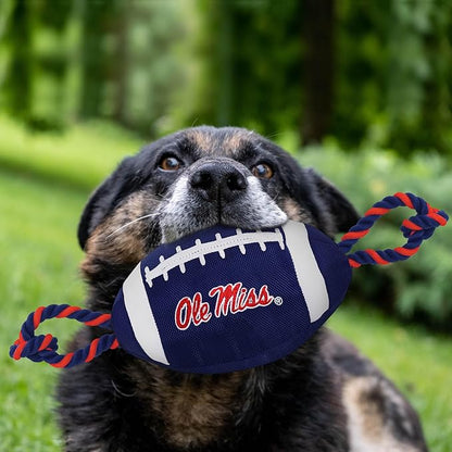 Pets First OLE Miss Football Dog Toy, Tough Quality Nylon Materials, Strong Pull Ropes, Inner Squeaker, Collegiate Team Color
