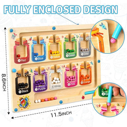 Magnetic Color and Number Maze, Wooden Color Matching Learning Counting Magnet Puzzle Board Montessori Toys, Toddler Educational Fine Motor Skills Learning Toys for Boys Girls 3+ Years Old