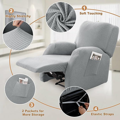 Jin Le Stretch Recliner Covers 4 Pieces Recliner Couch Covers Recliner Chair Covers for Lazy Boy Recliner Furniture Protector Sofa Covers with 2 Pockets for Kids, Dogs-Light Gray