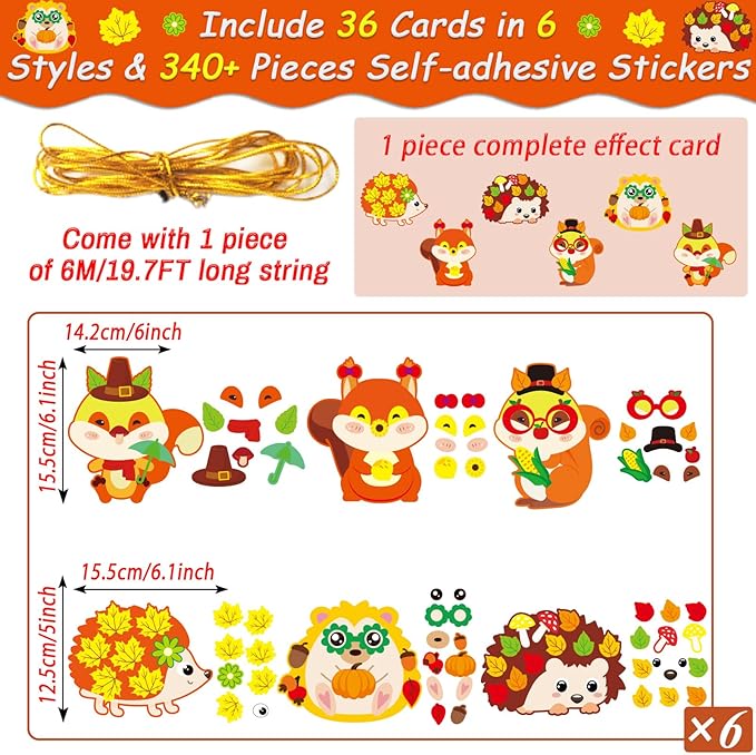 Qyeahkj 36 Sets Fall DIY Art Craft Kits Hedgehog Squirrel Ornaments Art Sets Fall Leaf Stickers Arts and Crafts Bulk for Kids Thanksgiving Classroom Activities Party Decorations