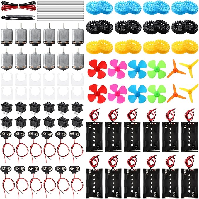 12 Set 135 Pcs DC Motors Kit, Tiny Motor Kit 1.5-3V 15000RPM, Shaft Propeller for DIY Science Project, 2 x AA Battery Holder, Suitable for Kids Experiment Enlightenment DIY Science Projects