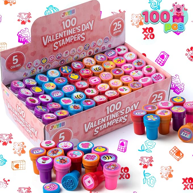 JOYIN 100 Pcs Valentine's Themes Stamper, 25 Designs Arts and Crafts Stamper for Valentines Day Party Favors, Classroom Exchanging Gifts, Classroom Holiday Reward Prizes
