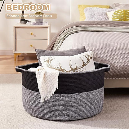 OIASKET Large Blanket Basket with Handles, 22.8" x 22.8" x 13" Woven Storage Basket for Living Room, Cotton Rope Baby Toy Storage for Clothes, Pillows, Towels-Black and Grey