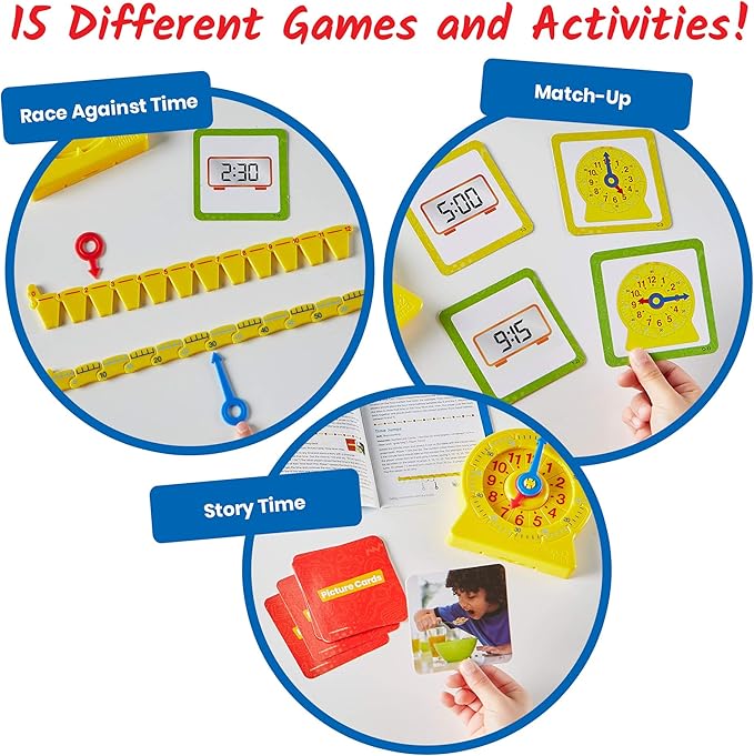 hand2mind Telling Time Basics Center Kit, NumberLine Learn to Tell Time Activity Set, Telling Time Teaching Clock Activities, Analog Classroom Clock for Kids, Math Manipulatives for Elementary School