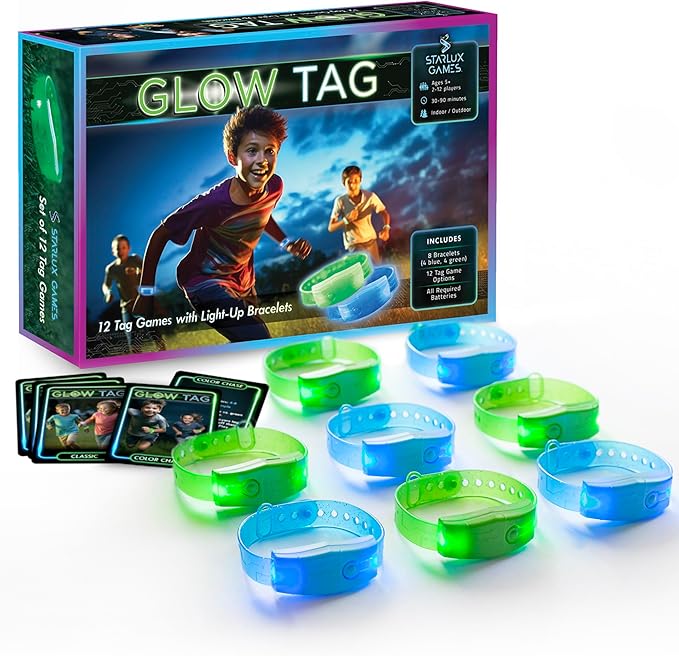 Starlux Games Glow Tag - an Outdoor Night Game for Kids | Ages 5+ | Includes 12 Light Up Bracelets & 12 Tag Games (Flashlight Tag, Freeze Tag & More) | Glow Games | Glow in The Dark Outdoor Toys