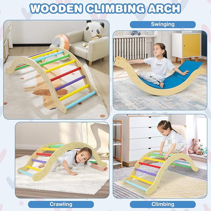 HONEY JOY Wooden Ladder Arch for Climbing, 3 in 1 Kids Climber Ladder & Rocker Board w/Cushion Pad, Toddler Climbing Toy Set for Playground, Gym & Daycare, Gift for Boys Girls(Colorful)