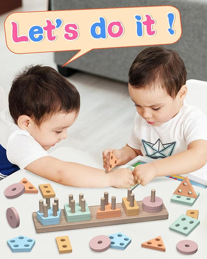 Montessori Toys for 1 2 Year Old Girl and Boy Birthday Gifts, Shape Sorter Wooden Toys for Toddlers Age 1-3 2-4, Learning Educational Sensory Stacking Easter Basket Stuffers Toy Toddler Puzzles